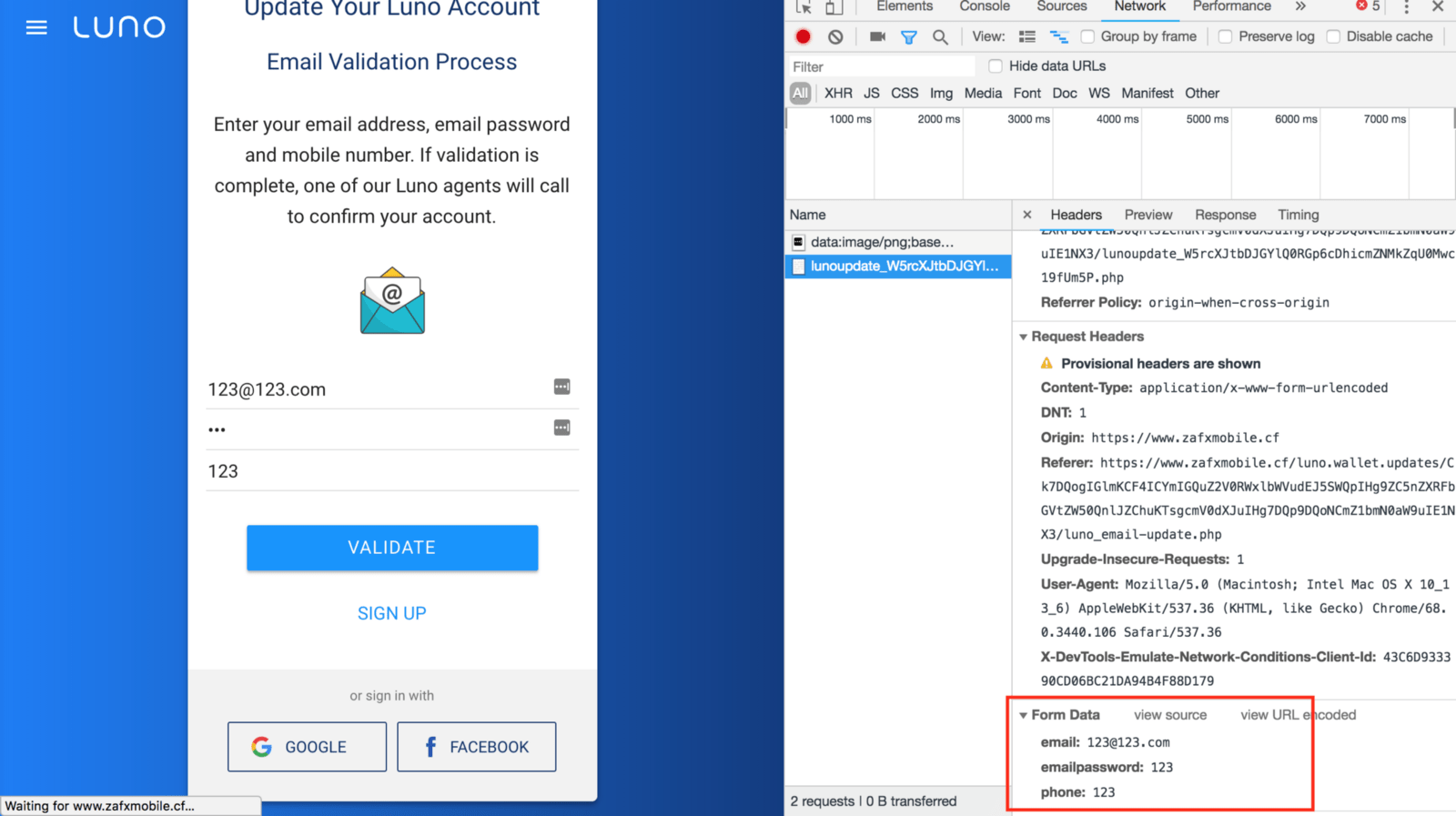 Submitting credentials sends these to the server backend